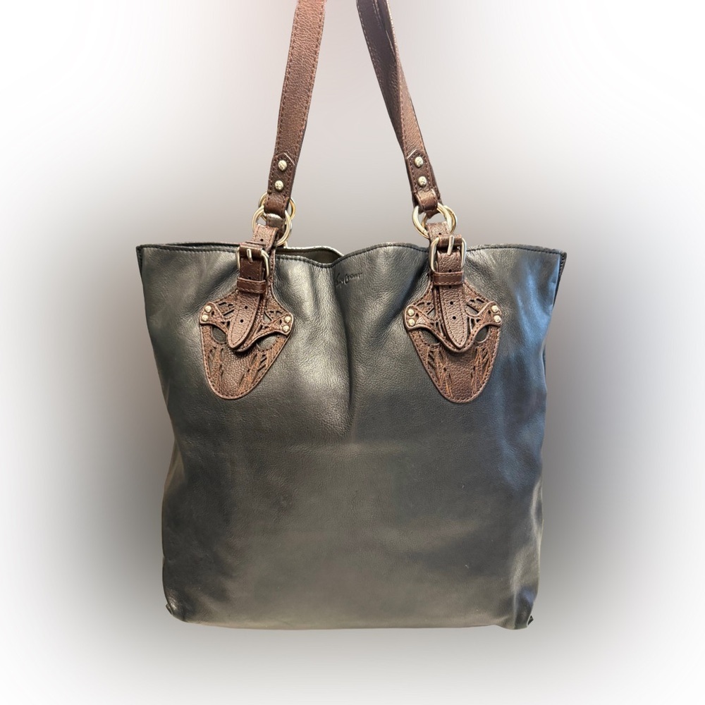Foley + Corinna Black Leather Large Tote Bag Silver Hardware Brown Accents EUC - Picture 1 of 14